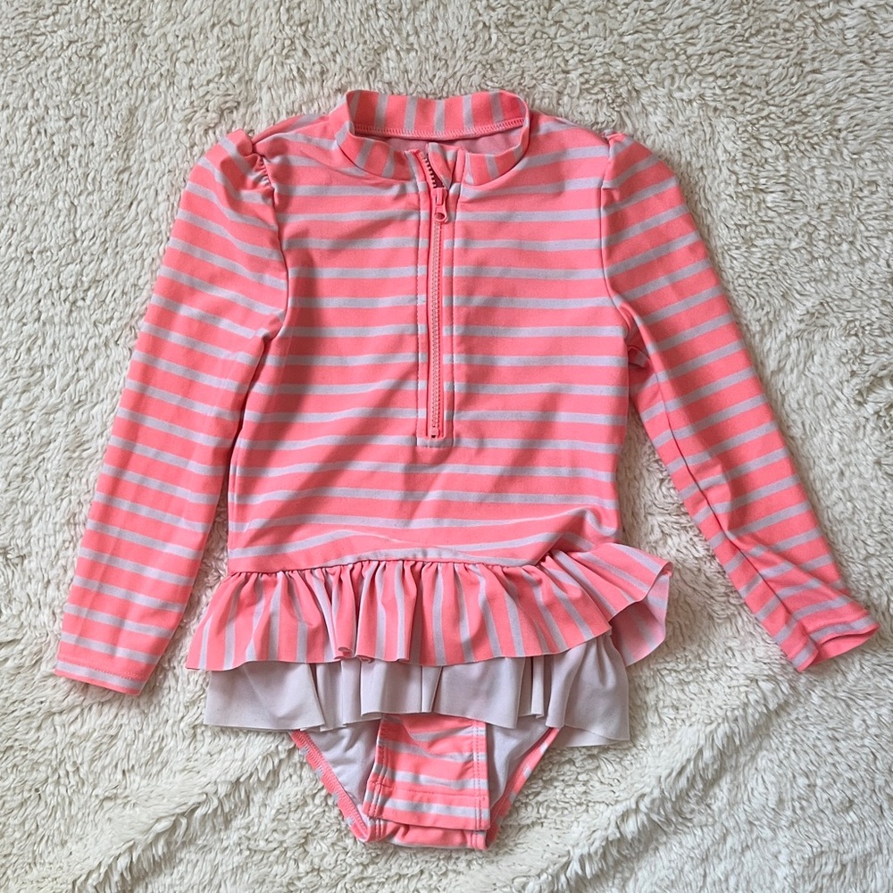 Cat & Jack Girls' Pink Stripe Long-Sleeve Ruffle One-Piece Swim Suit Sz 4